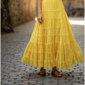 Espliego Sunny Yellow Cotton Tiered Midi Skirt